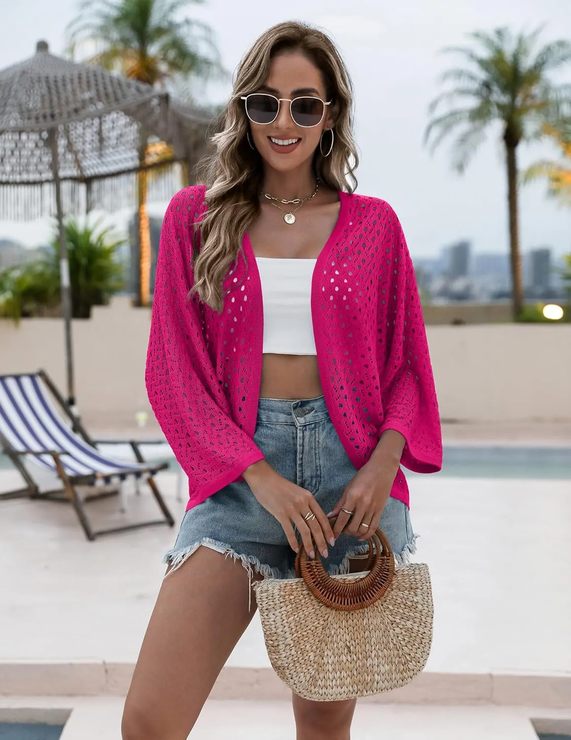 Zeagoo Womens Summer Crochet Cardigan Sweaters Lightweight Open Front 3/4 Sleeve Batwing Kimono Boho Knit Cover Ups 2025