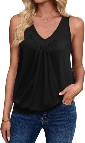 Zeagoo Womens Tank Tops Loose Fit V Neck Ruched Sleeveless Tops Casual Basic Banded Shirts S-XXL