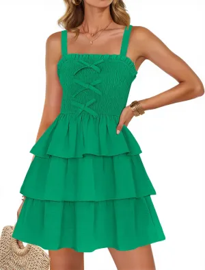ZESICA Women's Summer Sleeveless Ruffle Tiered Layered Mini Dresses 2025 Square Neck Smocked Short Beach Sundress