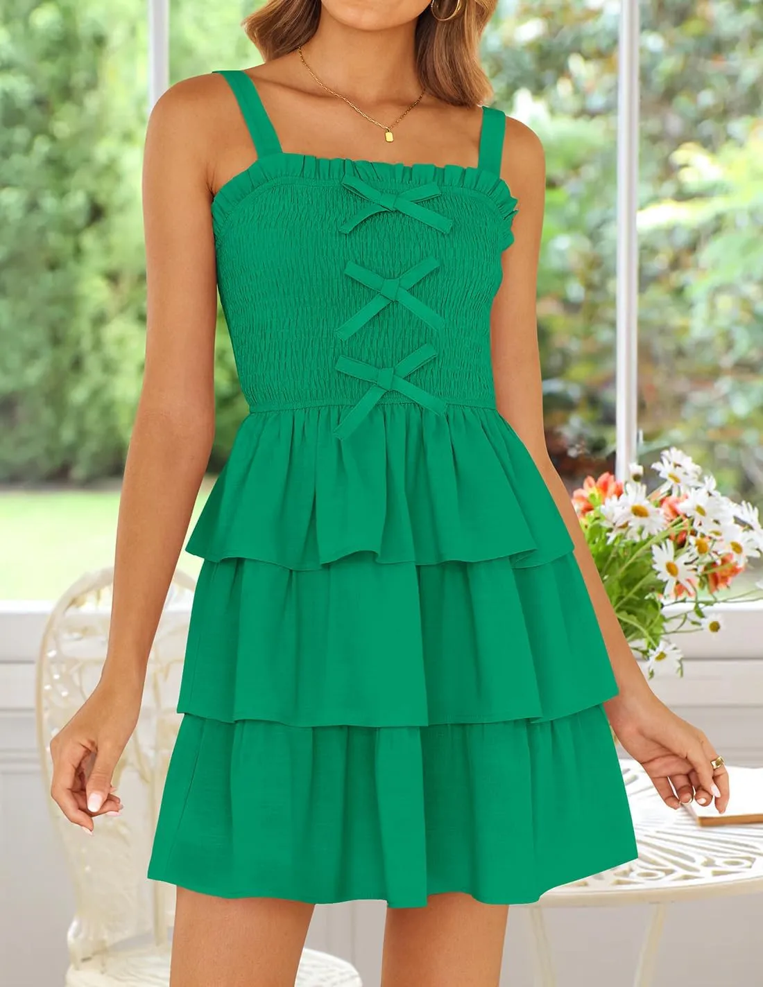 ZESICA Women's Summer Sleeveless Ruffle Tiered Layered Mini Dresses 2025 Square Neck Smocked Short Beach Sundress