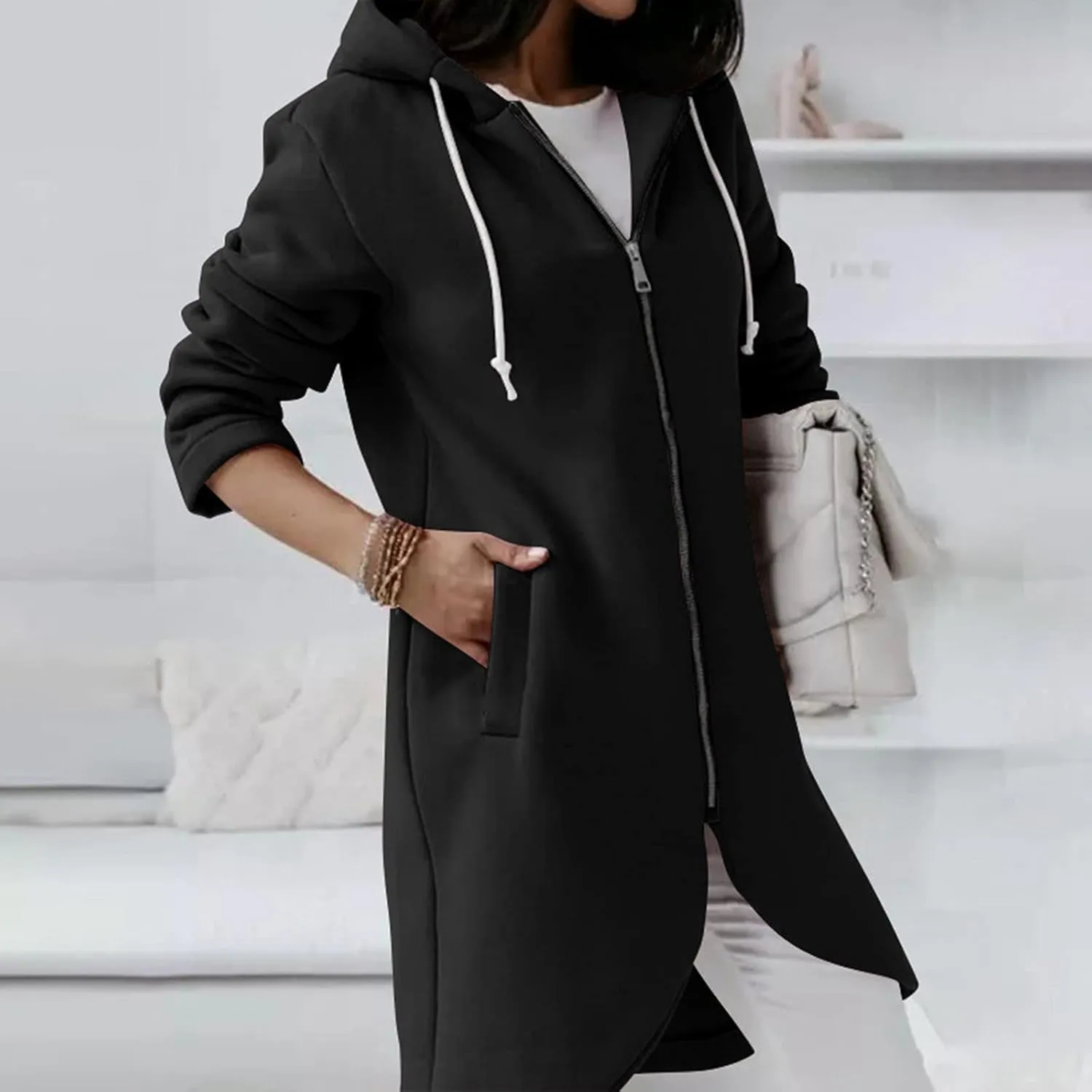 Zip Up Hoodie for Women Cute Trendy Drawstring Oversized Hooded Sweatshirts Long Sleeve Irregular Hem Jacket Coats