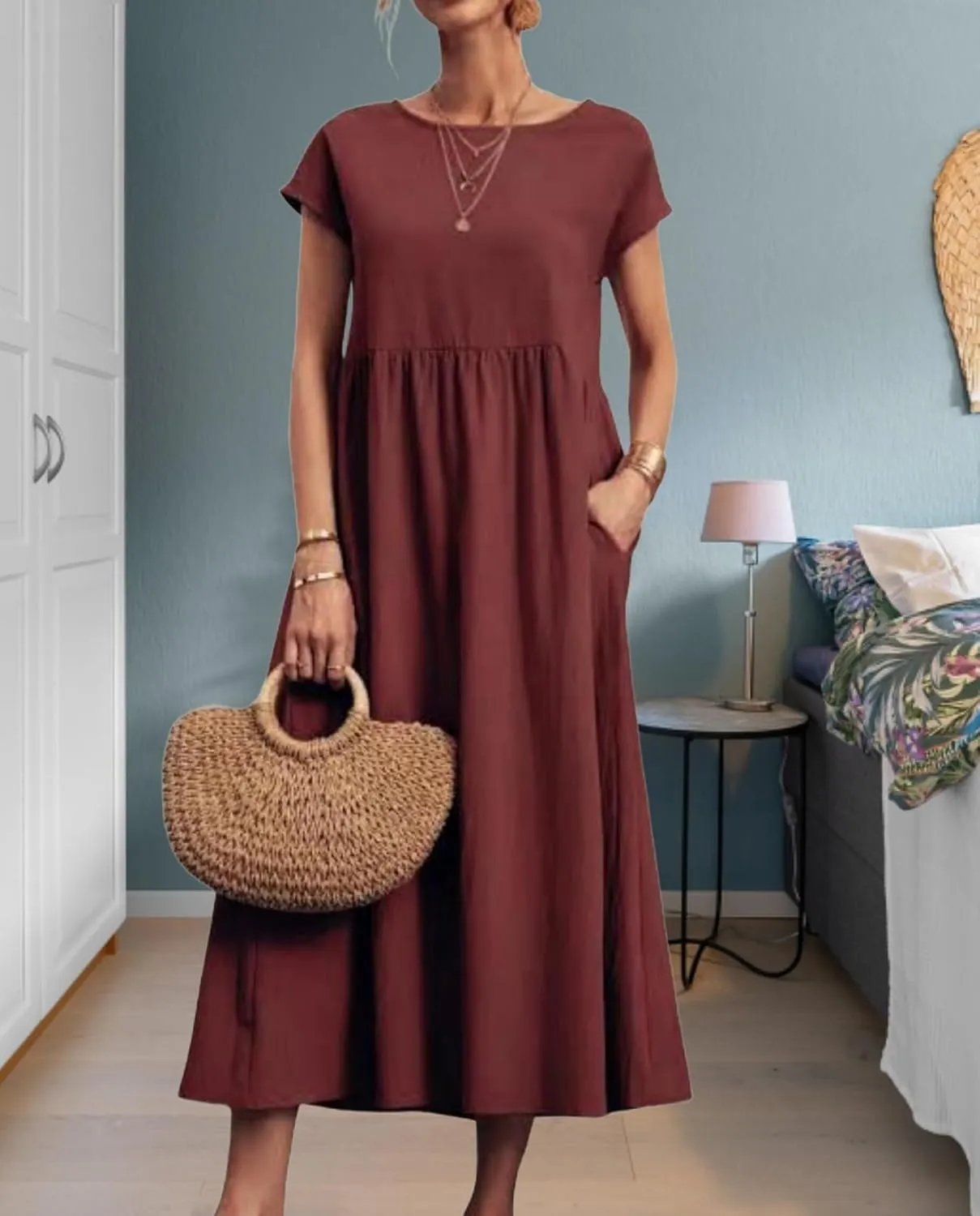 ZOCAVIA Cotton Dresses for Women 2025 Summer Short Sleeve Midi Dress Casual Loose Swing Beach Dress with Pockets