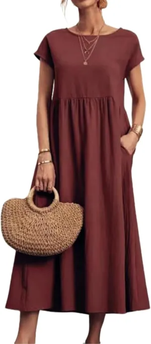 ZOCAVIA Cotton Dresses for Women 2025 Summer Short Sleeve Midi Dress Casual Loose Swing Beach Dress with Pockets