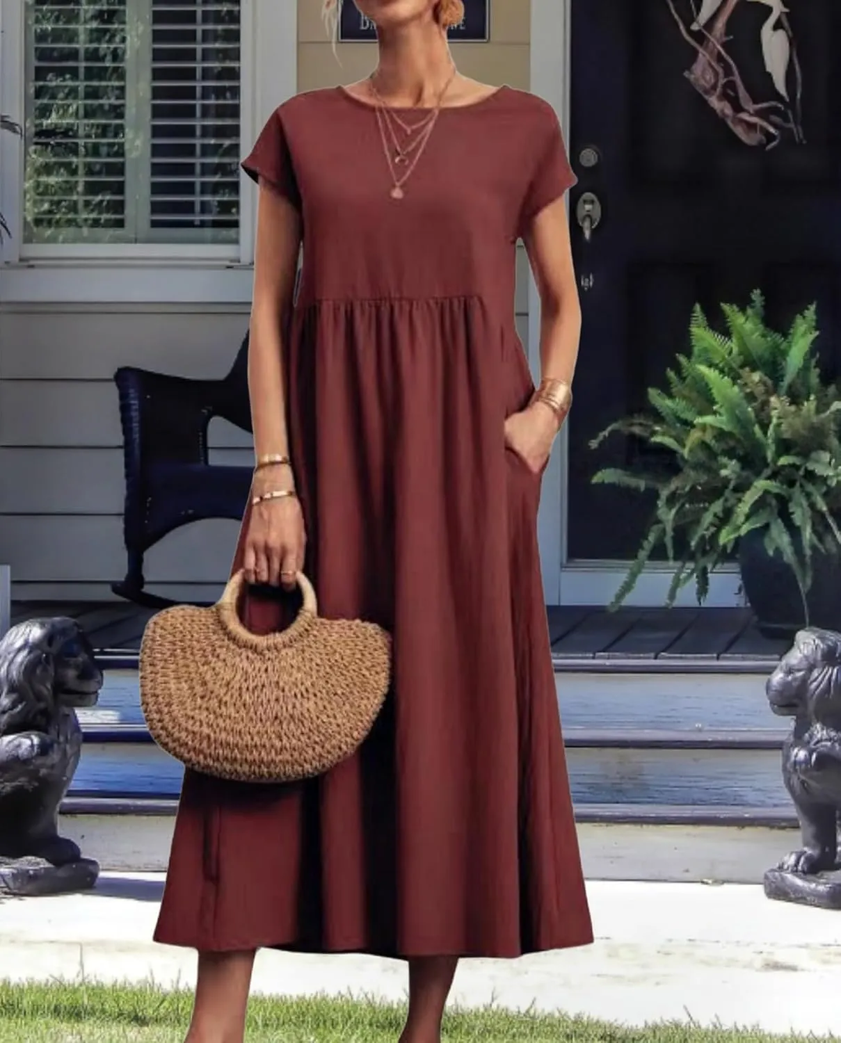 ZOCAVIA Cotton Dresses for Women 2025 Summer Short Sleeve Midi Dress Casual Loose Swing Beach Dress with Pockets
