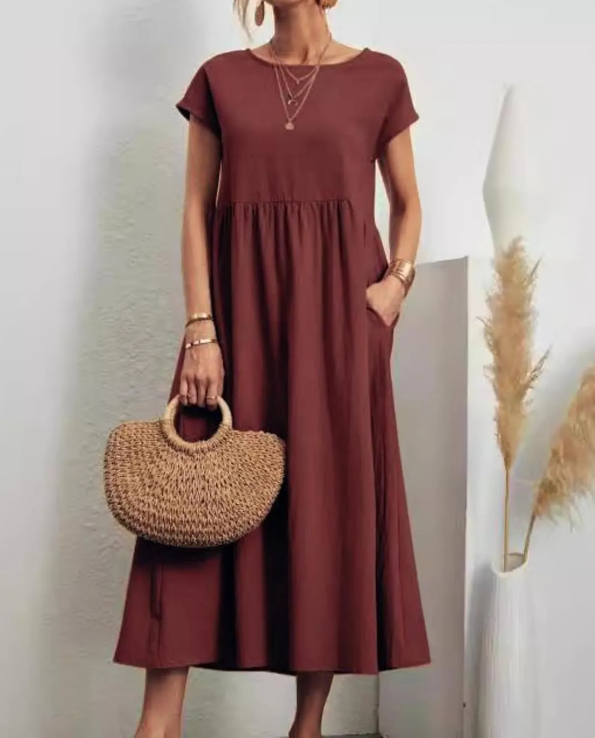 ZOCAVIA Cotton Dresses for Women 2025 Summer Short Sleeve Midi Dress Casual Loose Swing Beach Dress with Pockets