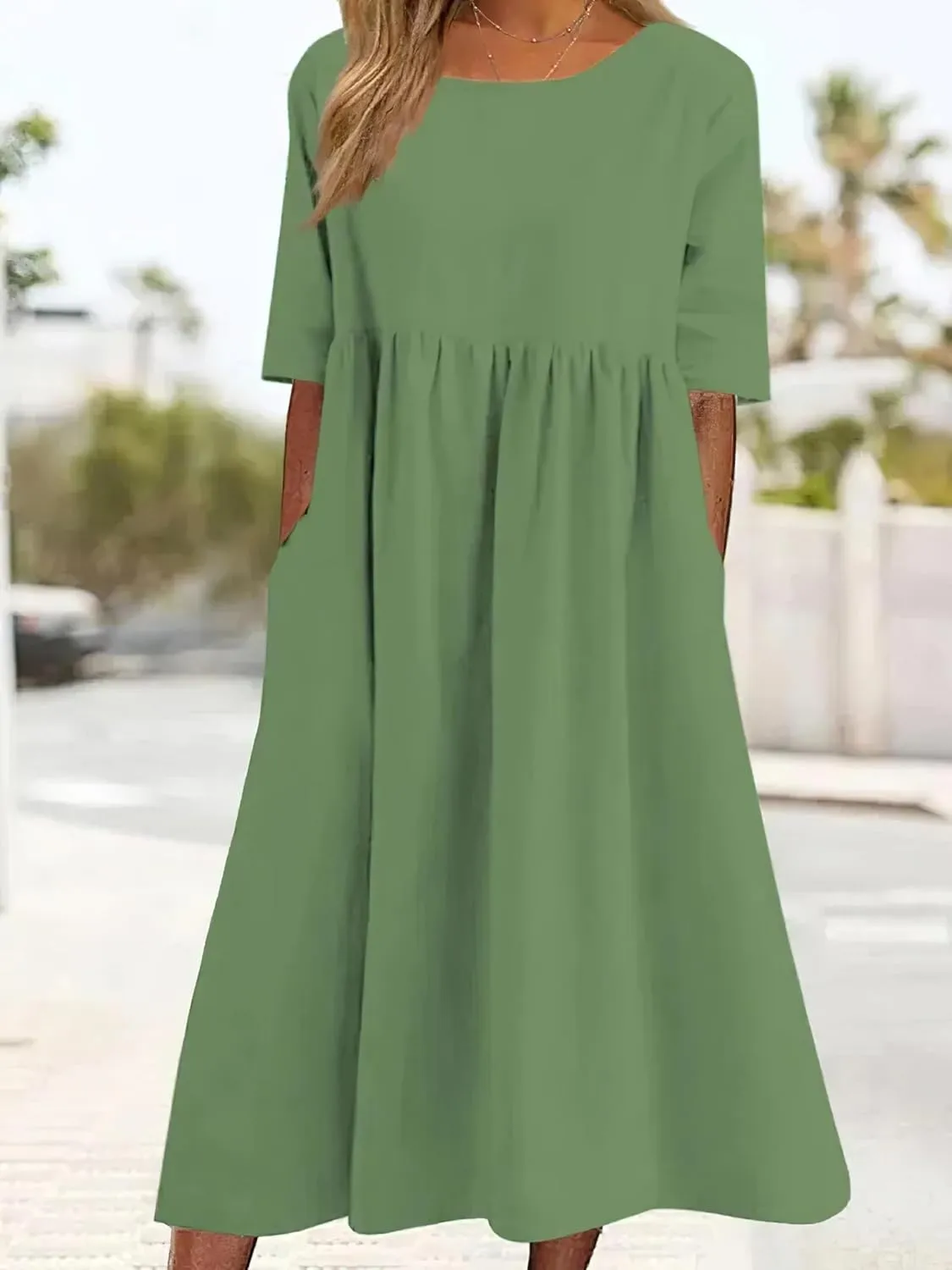 ZOCAVIA Women's Cotton Linen Midi Dress Casual Short Sleeve V Neck a Line Long Dress Summer Plus Size Boho Dress Sundresses