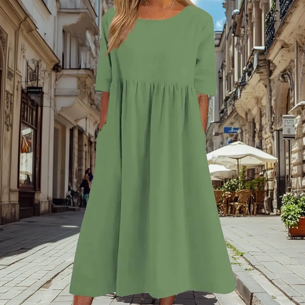 ZOCAVIA Women's Cotton Linen Midi Dress Casual Short Sleeve V Neck a Line Long Dress Summer Plus Size Boho Dress Sundresses