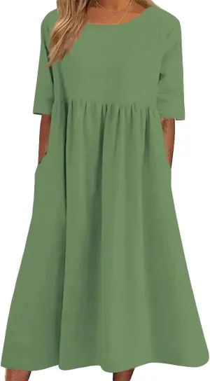 ZOCAVIA Women's Cotton Linen Midi Dress Casual Short Sleeve V Neck a Line Long Dress Summer Plus Size Boho Dress Sundresses