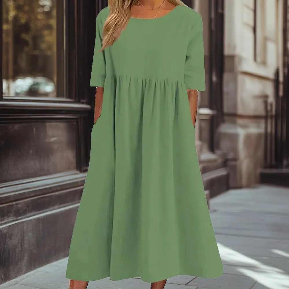 ZOCAVIA Women's Cotton Linen Midi Dress Casual Short Sleeve V Neck a Line Long Dress Summer Plus Size Boho Dress Sundresses