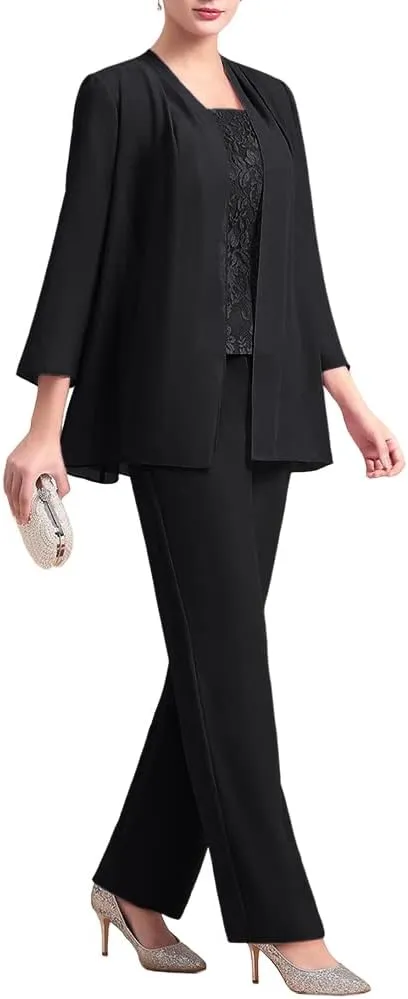 Zongqiven Women's Chiffon 3 Pcs Pants Suits Lace Mother of Bride Dress Sets Wedding Guest Formal Evening
