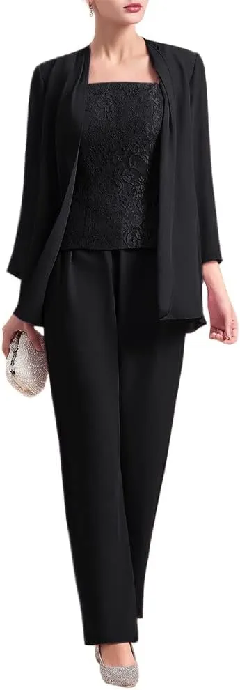 Zongqiven Women's Chiffon 3 Pcs Pants Suits Lace Mother of Bride Dress Sets Wedding Guest Formal Evening