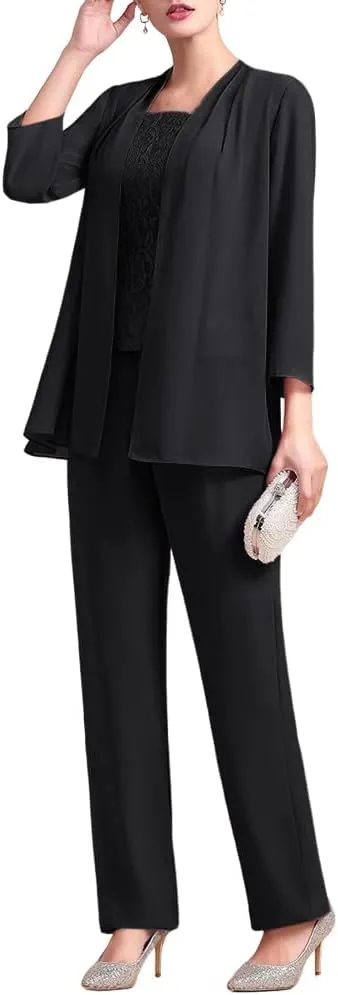 Zongqiven Women's Chiffon 3 Pcs Pants Suits Lace Mother of Bride Dress Sets Wedding Guest Formal Evening
