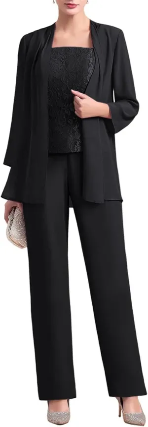 Zongqiven Women's Chiffon 3 Pcs Pants Suits Lace Mother of Bride Dress Sets Wedding Guest Formal Evening